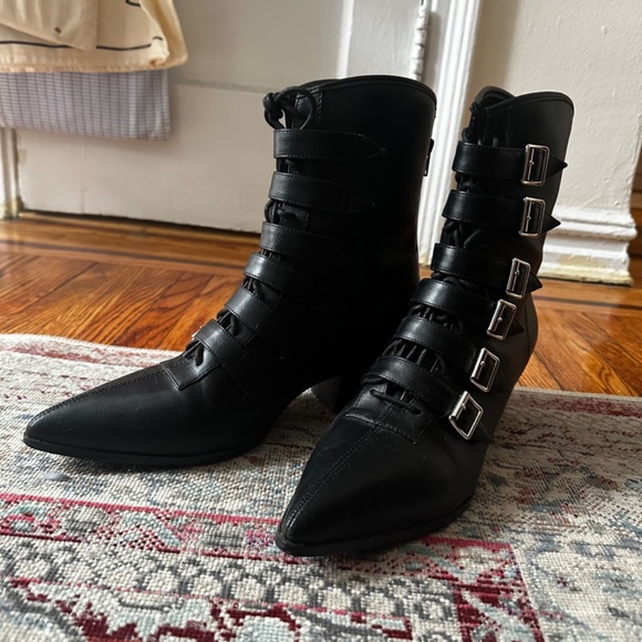 Black Leatherette Buckle Coven StrangeCvlt Boots - Picture 3 of 7
